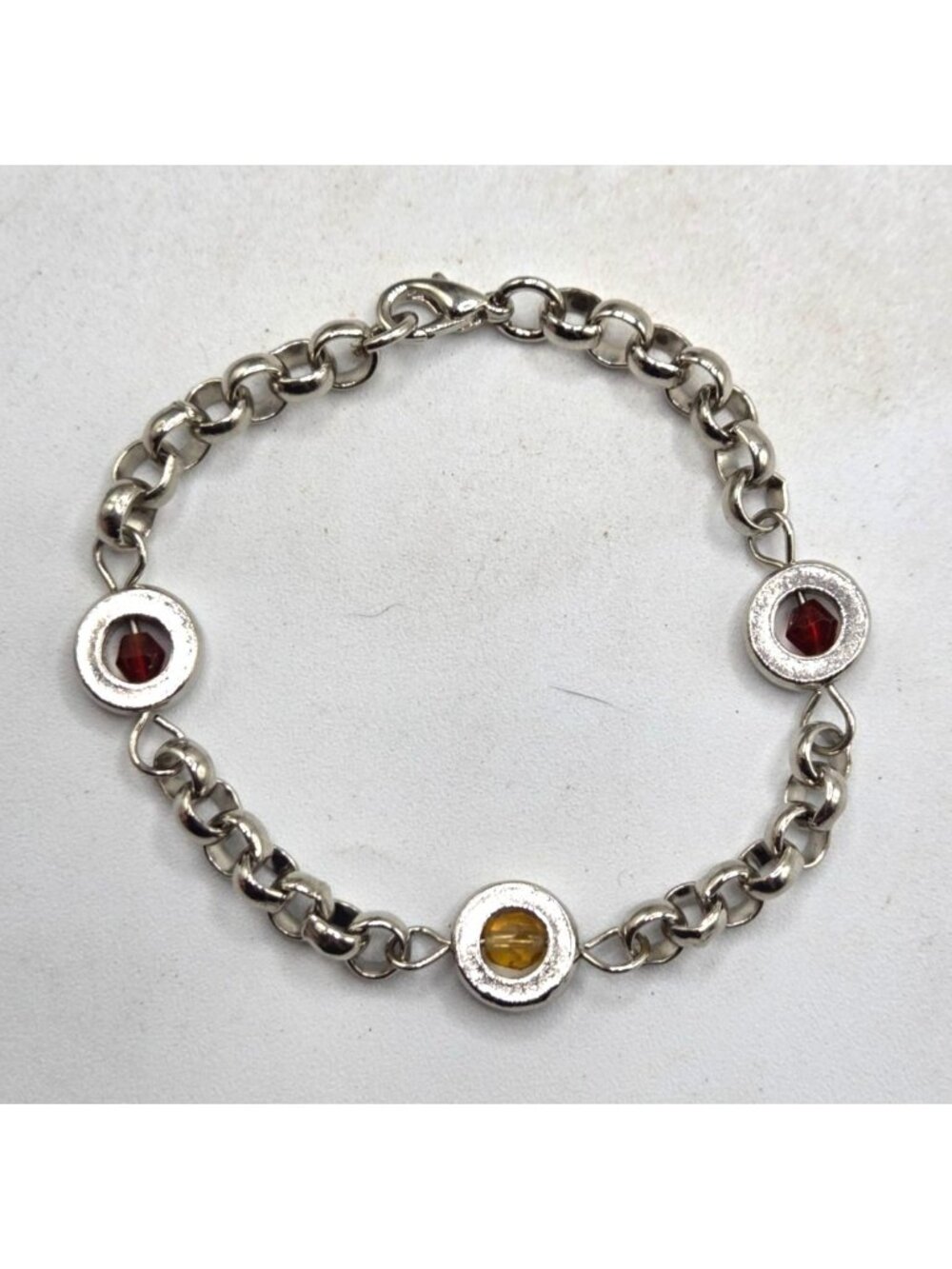 Silver-Tone Chain Bracelet With Red & Yellow Gem Accents